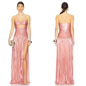 Retrofete Mallory Strapless Cutout Ruched Pleated Metallic Pink Maxi Dress Sz XS